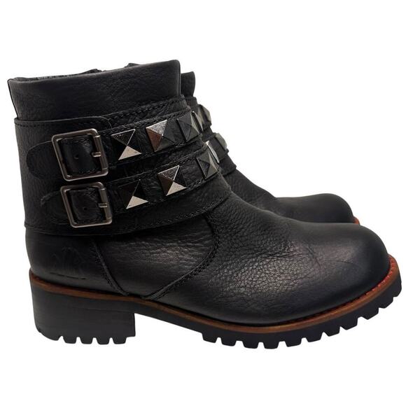 KLR Black Leather Boots Womens Sz 9 Moto Combat Side Zip Removeable Stud Straps - Picture 5 of 13